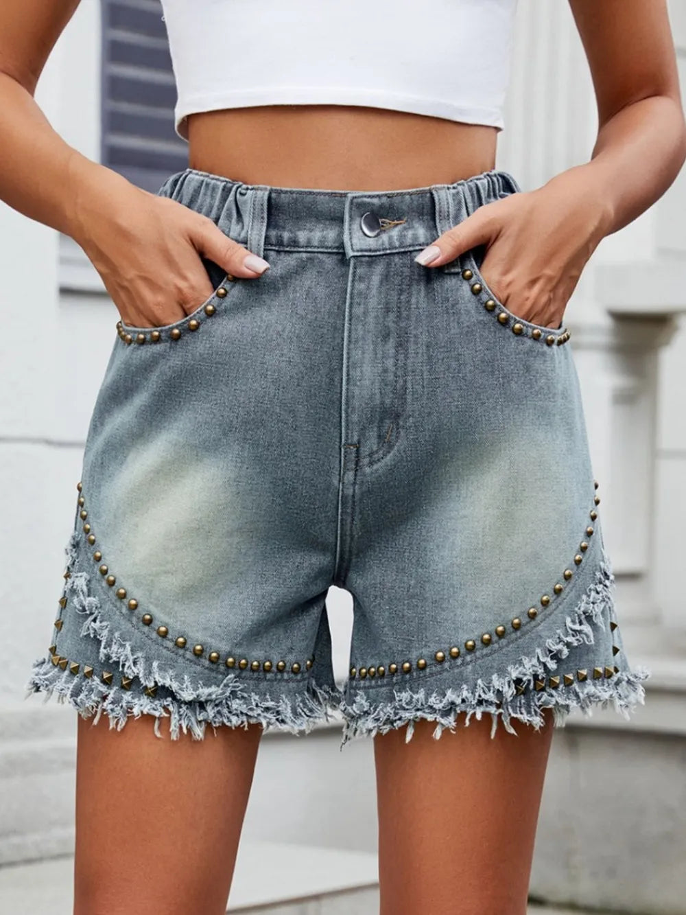 Trendy Raw Hem Studded Denim Shorts with Pockets - Distressed & Washed Style