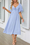 Smocked Tie Front Flutter Sleeve Midi Dress Light Blue