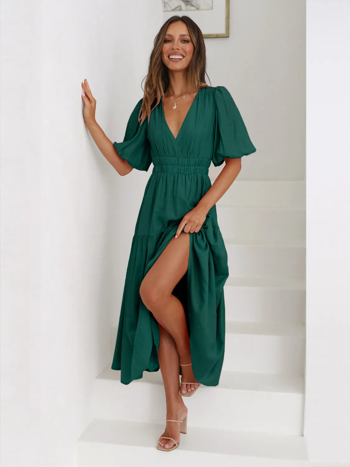 Tiered Surplice Half Sleeve Midi Dress Dark Green