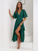 Tiered Surplice Half Sleeve Midi Dress Dark Green