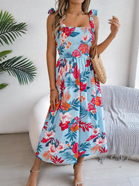 Smocked Floral Tie Shoulder Midi Dress Sky Blue