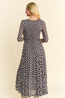 Davi & Dani Printed Checker Mesh Flowy Maxi Dress