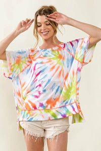 BiBi Tie Dye Print Jersey Top with Unique Uneven Hem - Casual Bohemian Style - Store 42