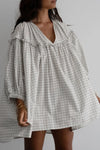 Frill Plaid Notched Balloon Sleeve Mini Dress White