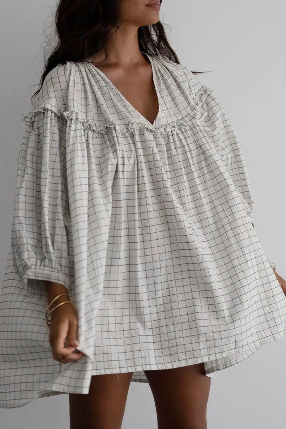 Trendy Frill Plaid Notched Balloon Sleeve Mini Dress - Opaque Cotton Blend, Sizes S-XL