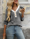 Striped V-Neck Button Front Casual Top Black