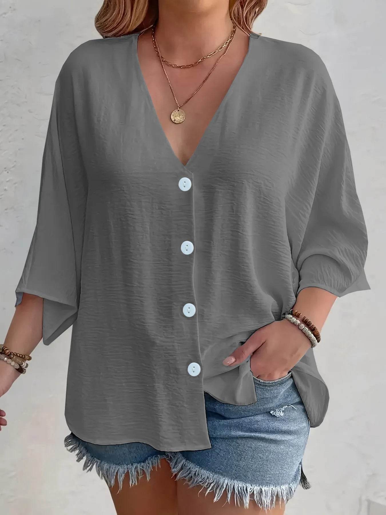 Full Size Casual V-Neck Button Down Relaxed Fit Blouse Plus Size - Store 42