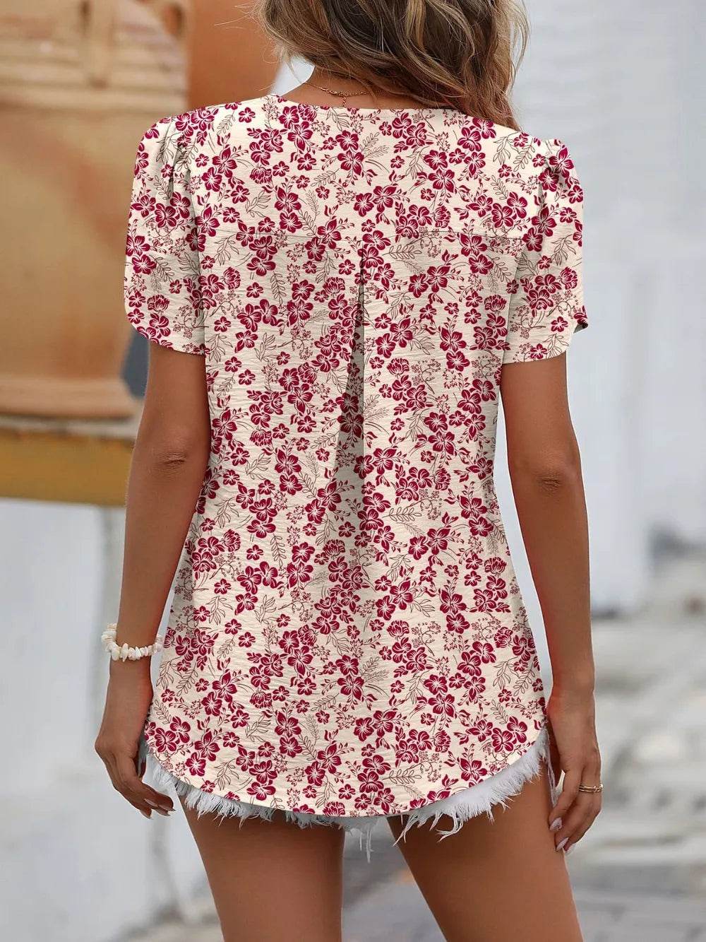 Mandy Ruched V-Neck Petal Sleeve Top - Casual Solid 100% Polyester Short Sleeves - Store 42