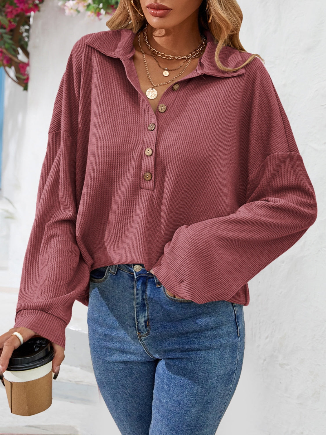 Trendsi Women's Half Button Long Sleeve Collared Top – Opaque, Non-Stretch, Classic Style