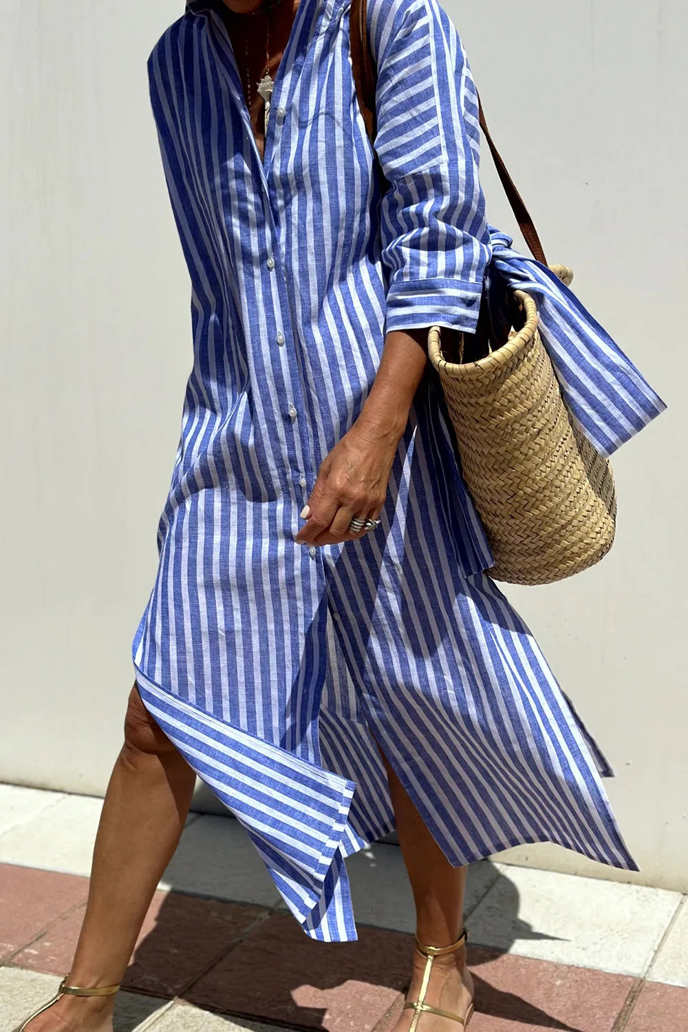Stylish Tied Button-Up Dress with Three-Quarter Sleeves - Opaque 100% Polyester