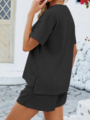 Casual Button Detail Ribbed Top and Shorts Two-Piece Set