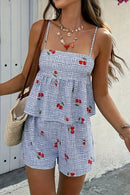 Floral Gingham Print Cami and Shorts Two-Piece Set Light Blue