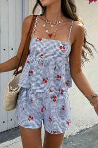Floral Gingham Print Cami and Shorts Two-Piece Set Light Blue