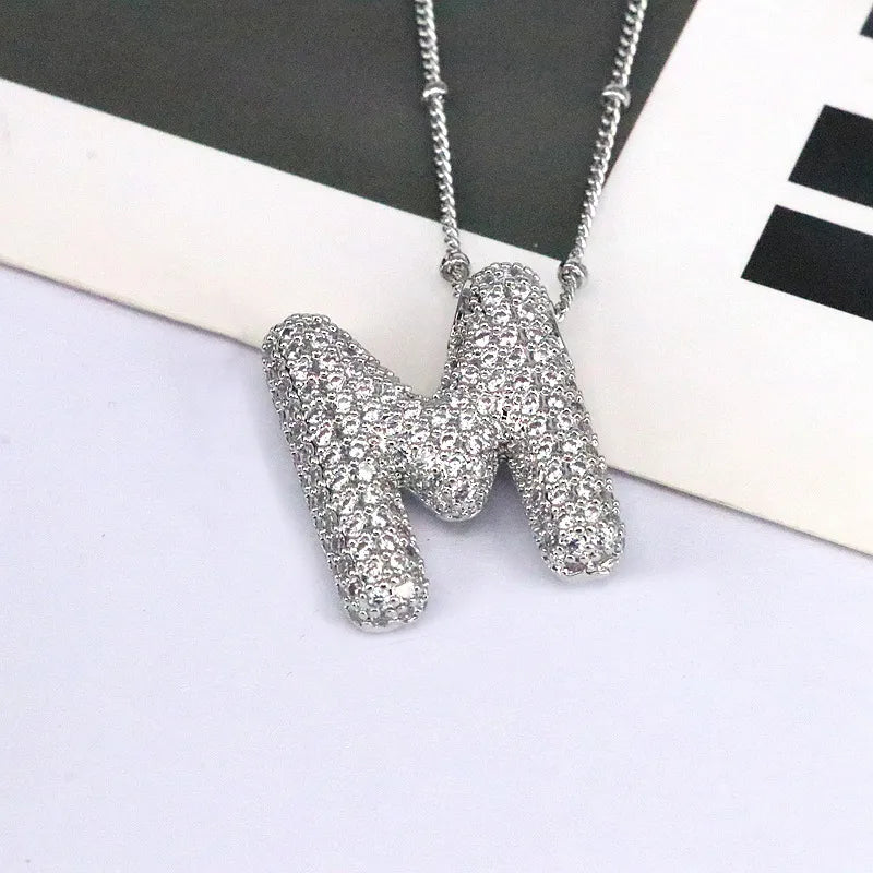 Copper Inlaid Zircon Letter Pendant Necklace - Platinum-Plated, 16.9" Chain - Unique Jewelry Piece