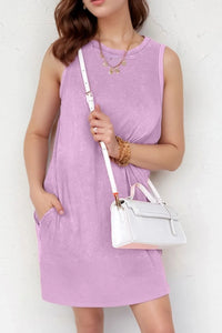 Round Neck Sleeveless Mini Dress with Pockets Pink Purple