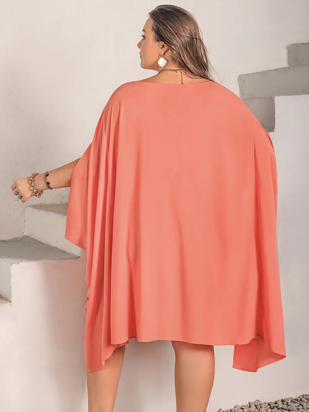 Plus Size Mini Dress with Batwing Sleeves and Round Neck in Opaque Stretchy Viscose