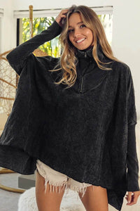 BiBi Vintage Washed Oversized Quilted Half Zip Sweatshirt with Fleece Lining and Ribbed Cuffs - Store 42