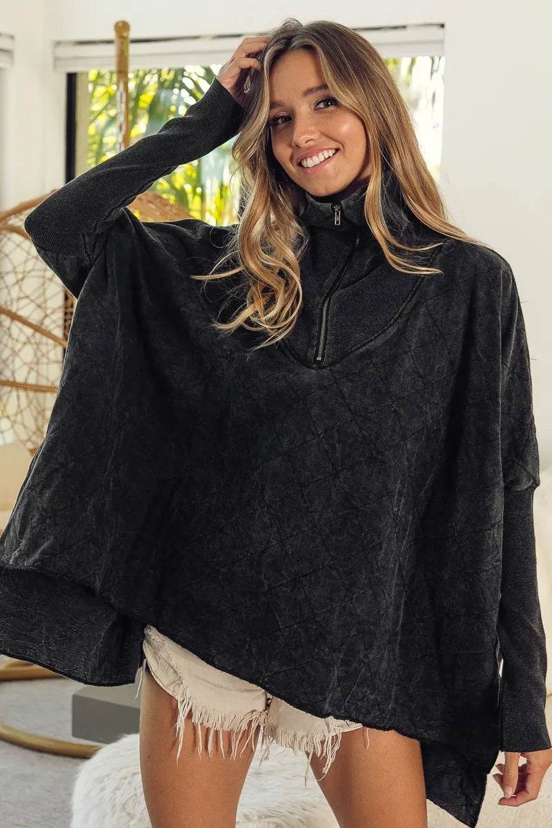BiBi Vintage Washed Oversized Quilted Half Zip Sweatshirt with Fleece Lining and Ribbed Cuffs - Store 42