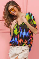 Trendy Tie Dye Print V-Neck Top in Soft Cotton - Chic Jersey Stitched Design - Store 42