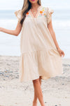 Floral Embroidery Pom Pom Ruffle Sleeves Mini Dress Beige