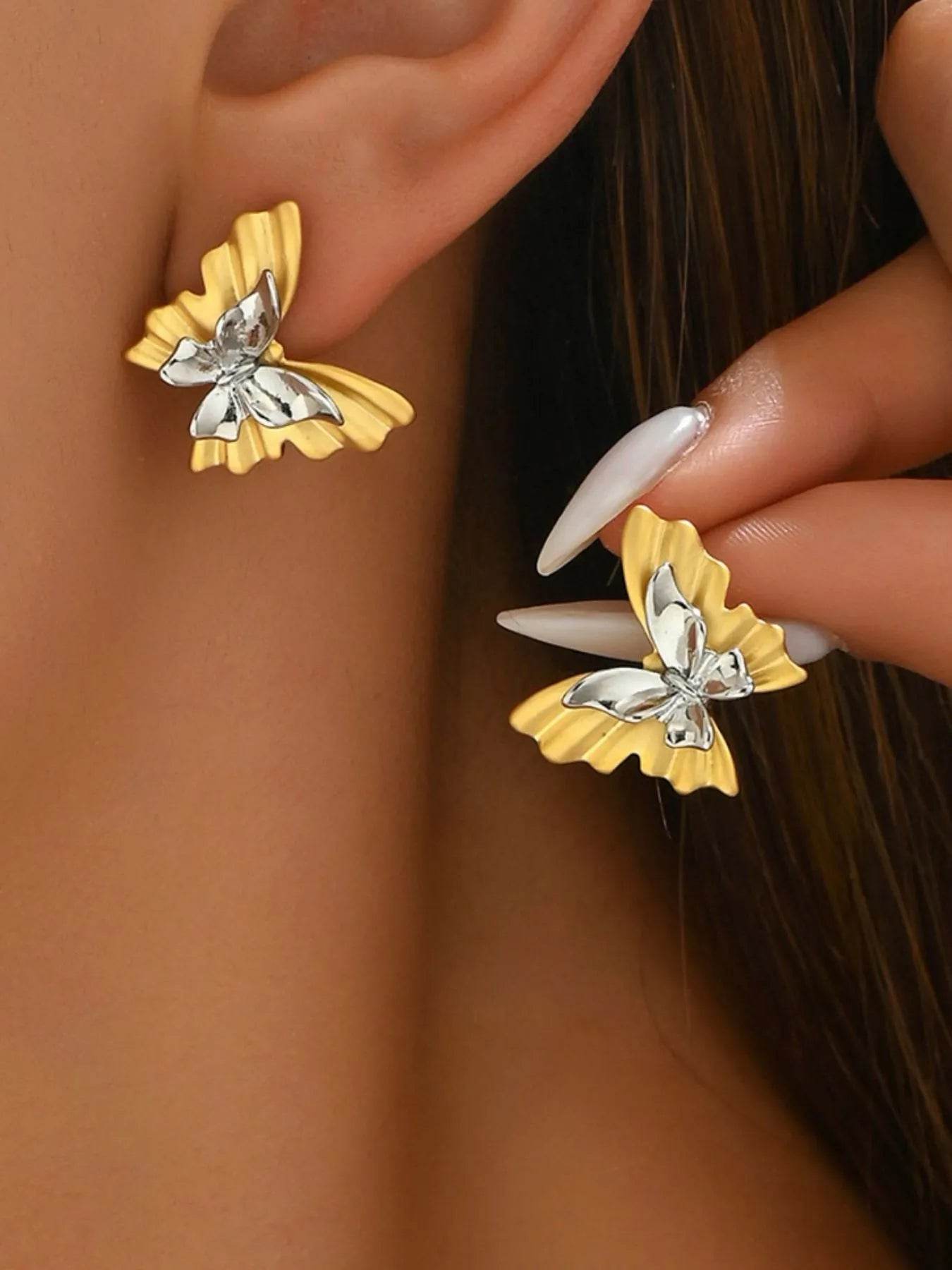 Elegant Two-Tone 18K Gold-Plated Stainless Steel Butterfly Earrings