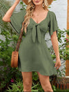 Smocked Back Knotted Flutter Sleeve Dress Moss