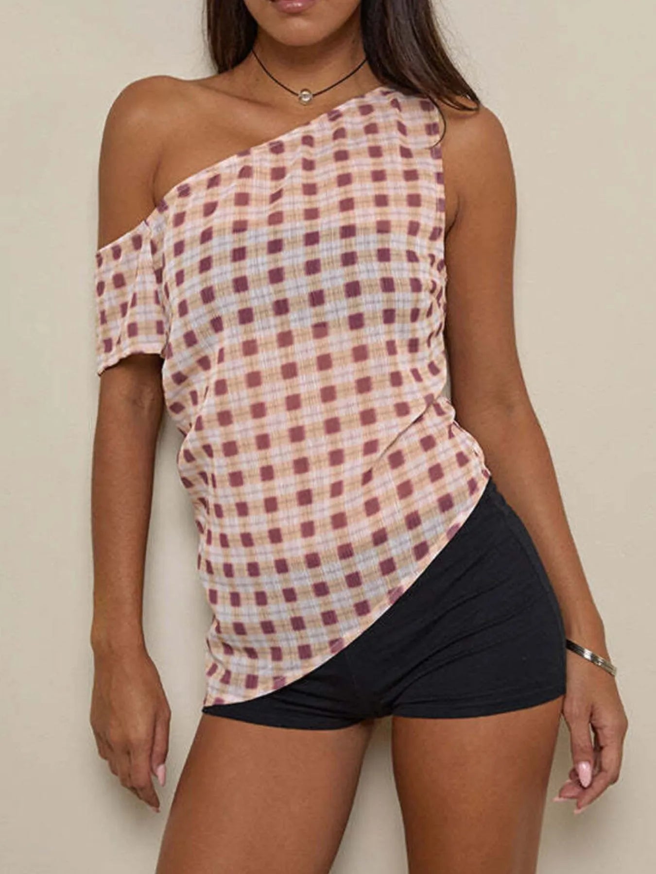 Asymmetrical One-Shoulder Plaid Tank Top in 100% Polyester - Stylish and Chic Design