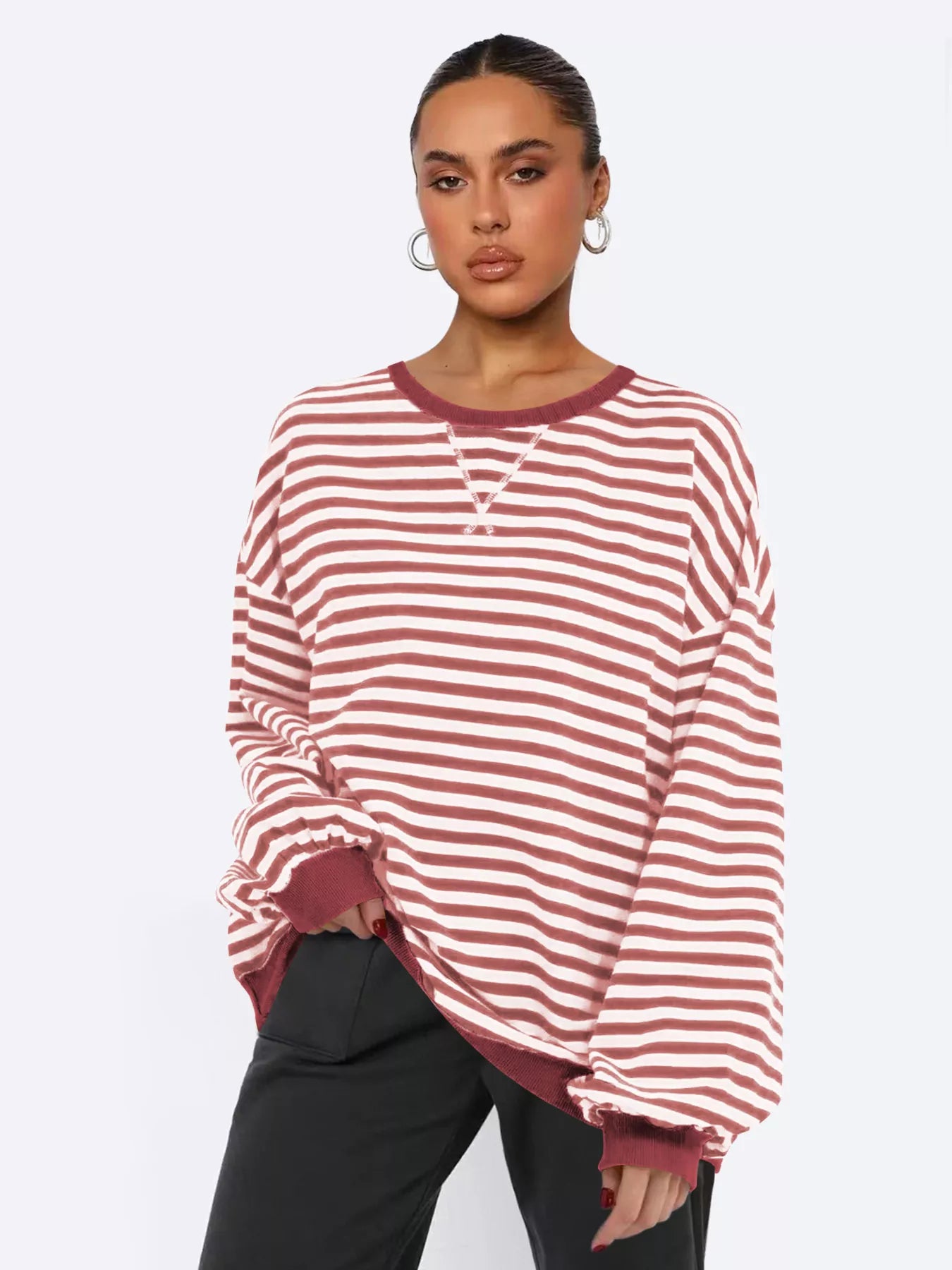Trendy Striped Oversized Round Neck Long Sleeve Sweatshirt – Soft Stretchy Viscose Blend