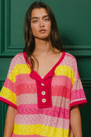 BiBi Multi Color Stripe Hacci Button Detail Ringer Top - Store 42
