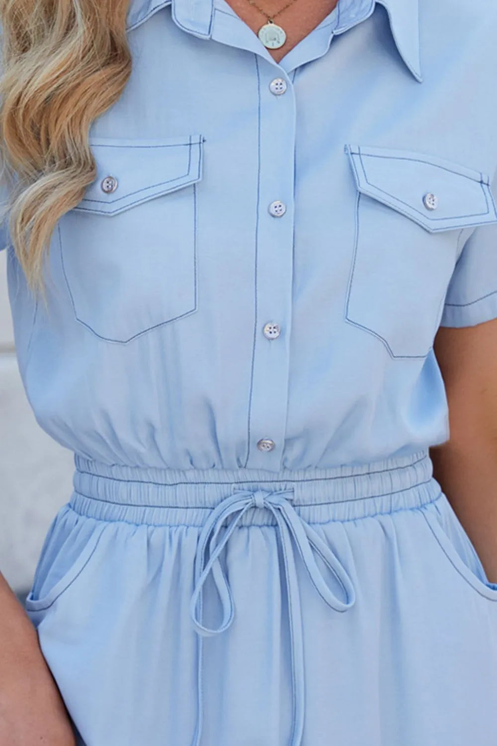Short Sleeve Denim Dress With Drawstring Collar and Pockets - 95% Rayon - Sizes S-2XL