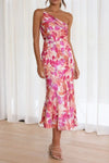 Ruched Printed Single Shoulder Midi Dress Pink