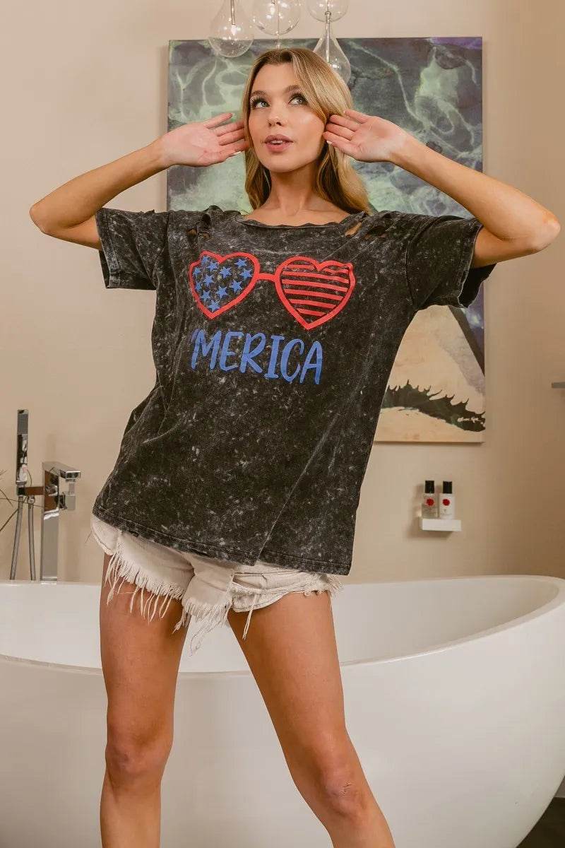 BiBi 4th Of July Theme Mineral Washed Laser Cut Top - Store 42