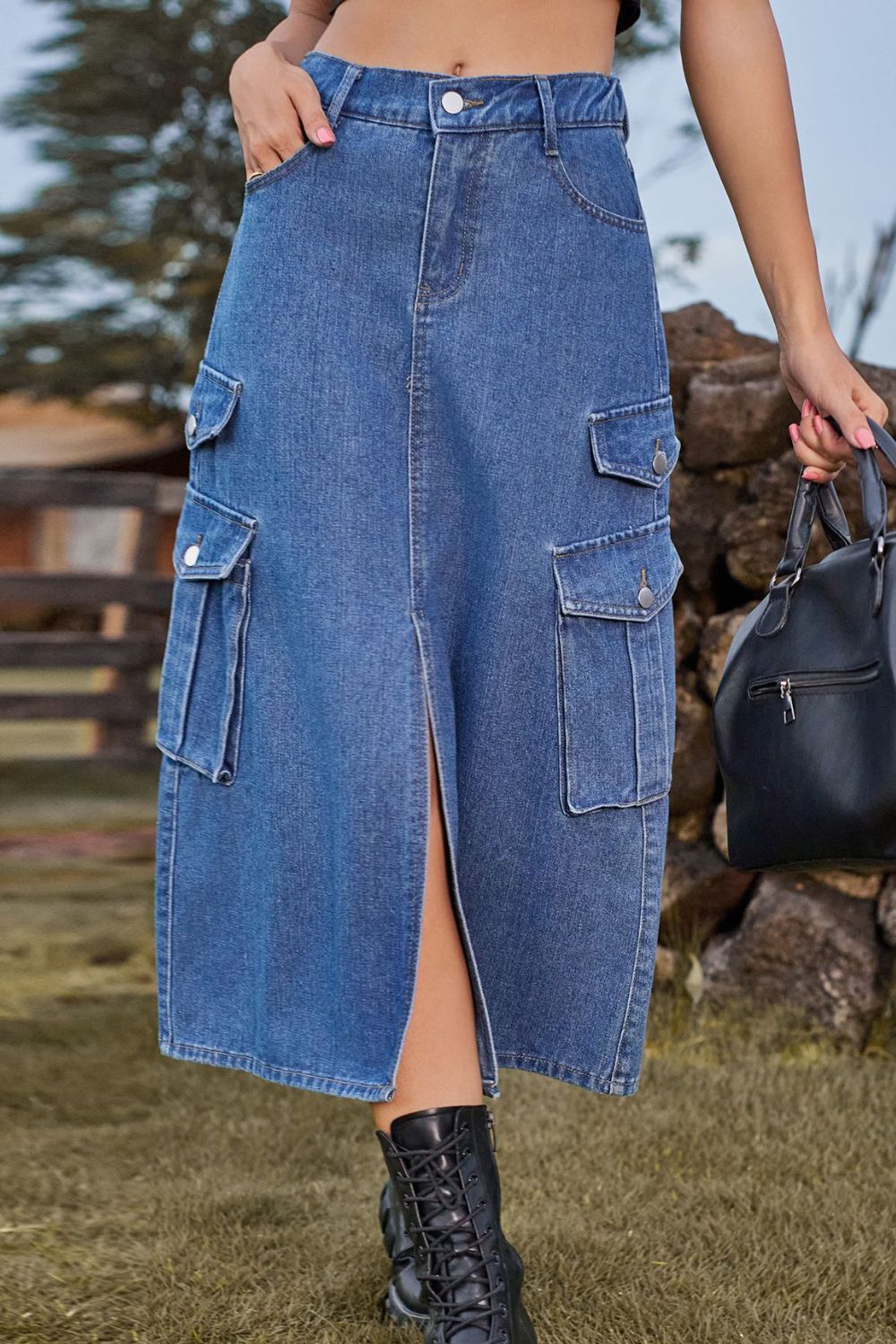Stylish Slit Front Midi Denim Skirt with Pockets - Casual Solid Design by Trendsi