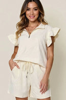 Double Take Full Size Texture Flounce Sleeve Top and Drawstring Shorts Set