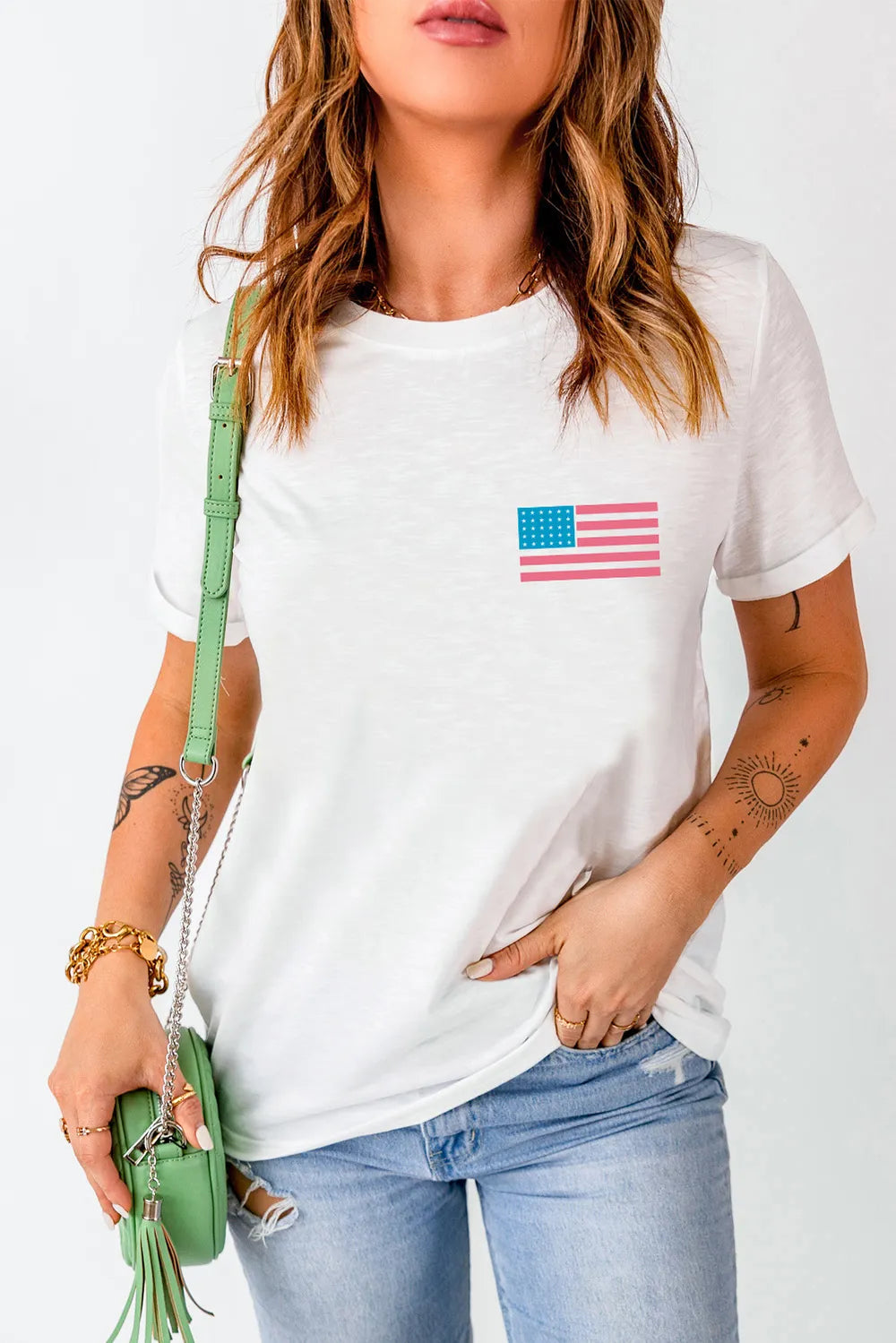 US Flag Short Sleeve Round Neck T-Shirt - Opaque, Slightly Stretchy, Cotton Blend