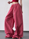 Drawstring Plaid Wide Leg Pants Red
