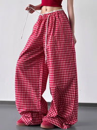 Drawstring Plaid Wide Leg Pants Red