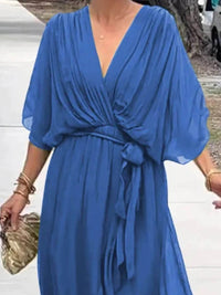 Full Size Flowy Tie Front Midi Dress with Flutter Sleeves Plus Size - Store 42