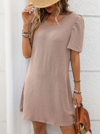 Textured Round Neck Short Sleeve Mini Dress