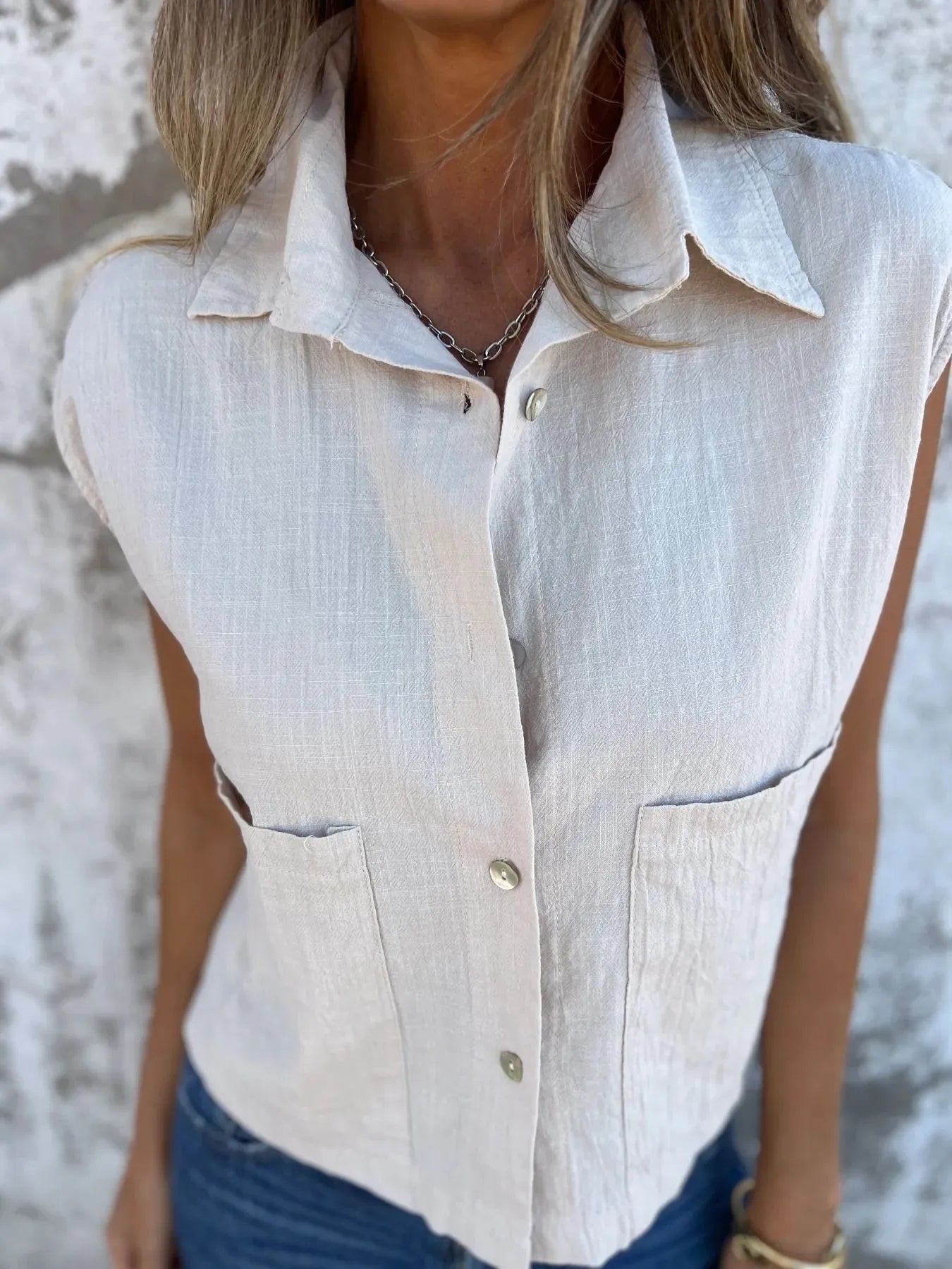 Full Size Textured Button-Front Sleeveless Shirt Plus Size