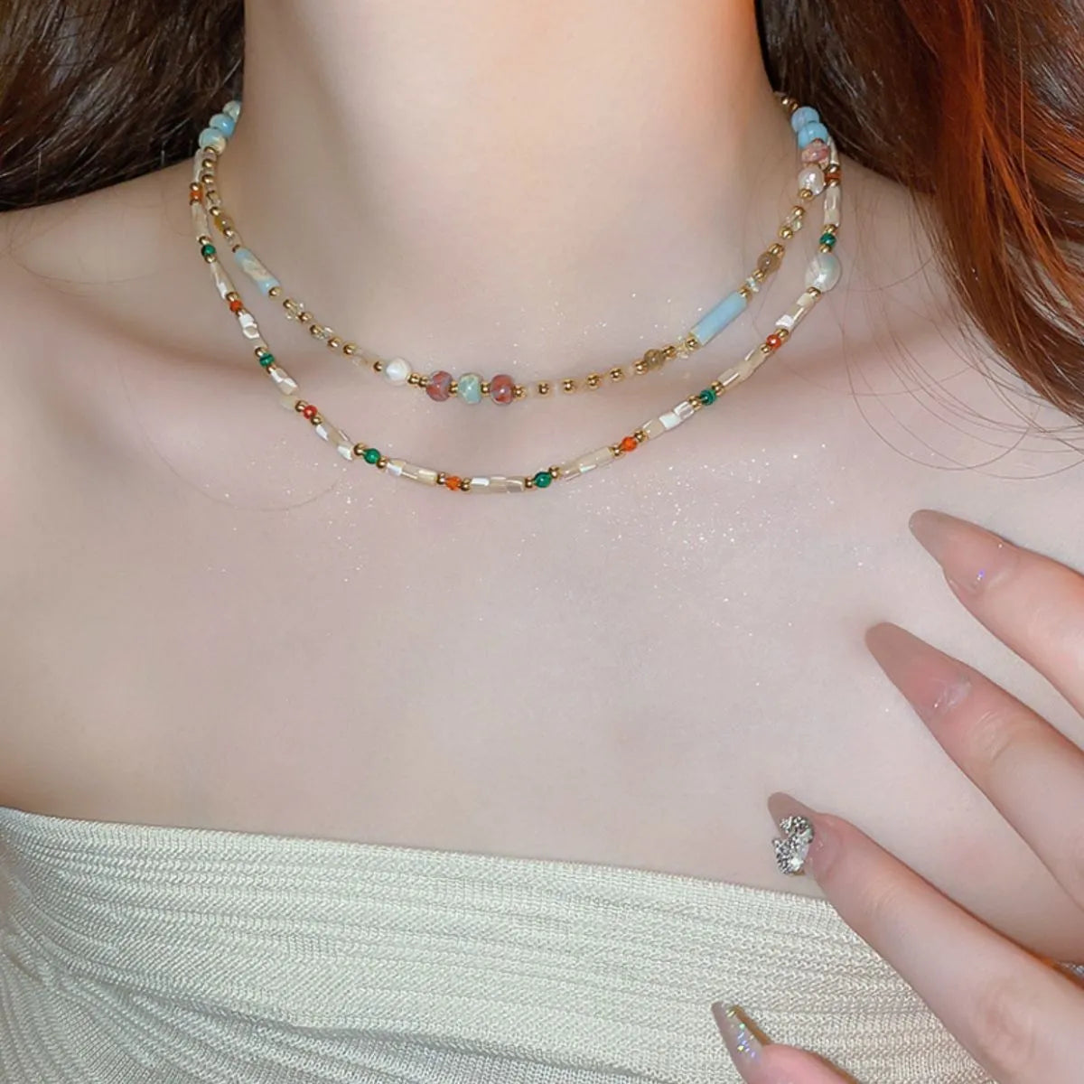 Elegant 15.7" Alloy Pearl Beaded Necklace with Crystal and Mother of Pearl Accents