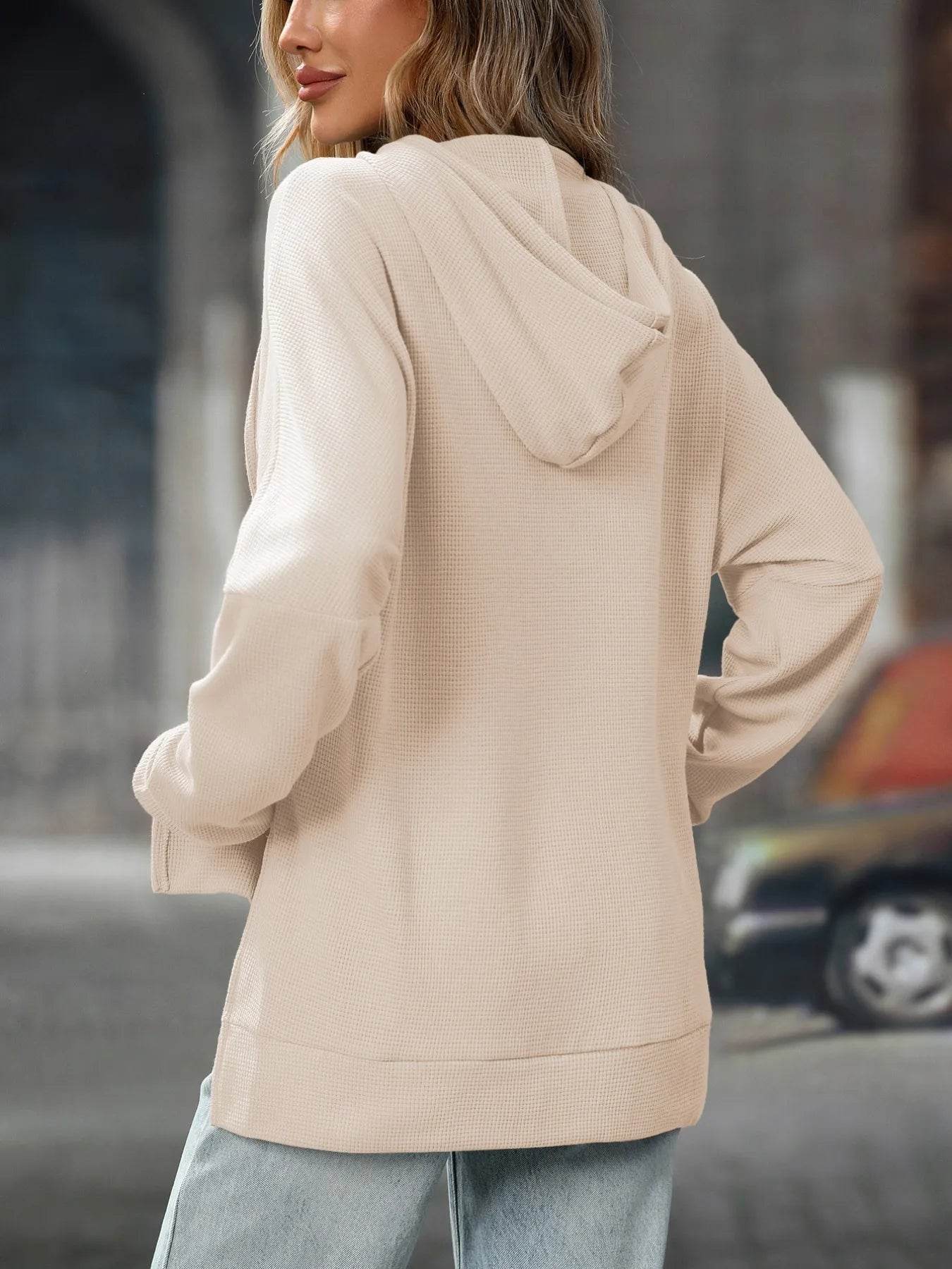 Slightly Stretchy Textured Drawstring Long Sleeve Hoodie with Pocket - Trendy Casual Wear - Store 42