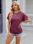 Slightly Stretchy Ruched Round Neck Short Sleeve T-Shirt for Women - Casual Basic Tops - Store 42
