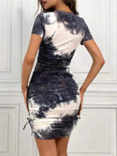 Drawstring Tie-Dye Round Neck Short Sleeve Dress