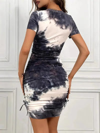 Drawstring Tie-Dye Round Neck Short Sleeve Dress