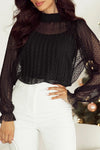 cami and Lace Sheer Mock Neck Long Sleeve Blouse Black