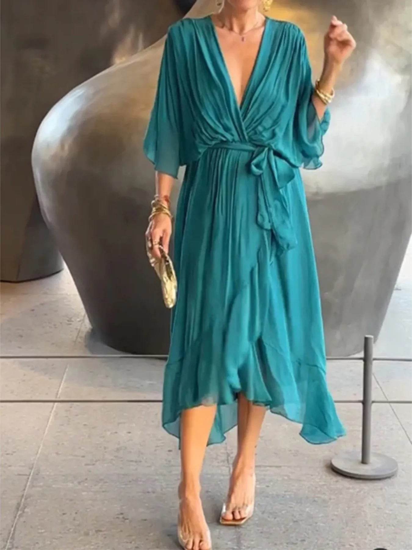 Full Size Flowy Tie Front Midi Dress with Flutter Sleeves Plus Size - Store 42