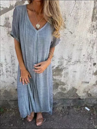 Full Size V-Neck Short Sleeve Midi Dress Plus Size Dusty Blue