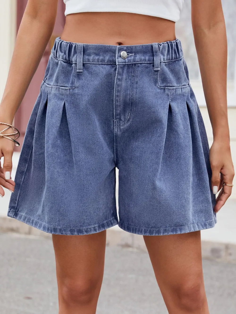 Stylish Ruched Denim Shorts with Half Elastic Waist - No Stretch, Imported Fabric