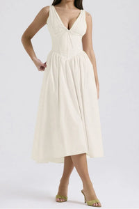 Ruched V-Neck Sleeveless Dress with Pockets White